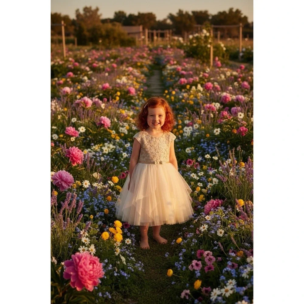 New Jona Michelle‎ Girls Floral Appliqué Metallic  Ruffle Dress size 8 Ivory